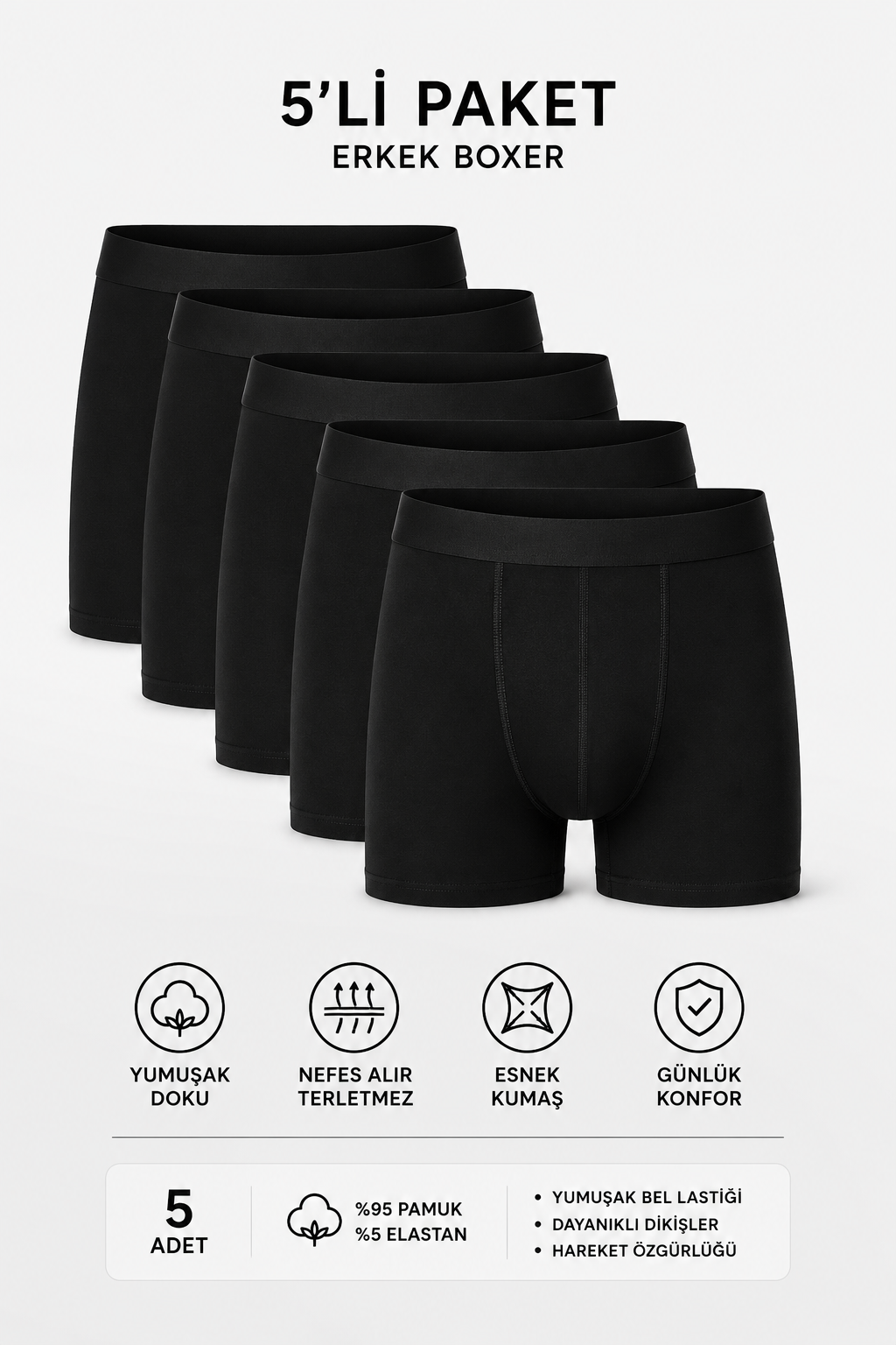 Erkek Pamuklu Likralı Siyah Boxer 5'Li